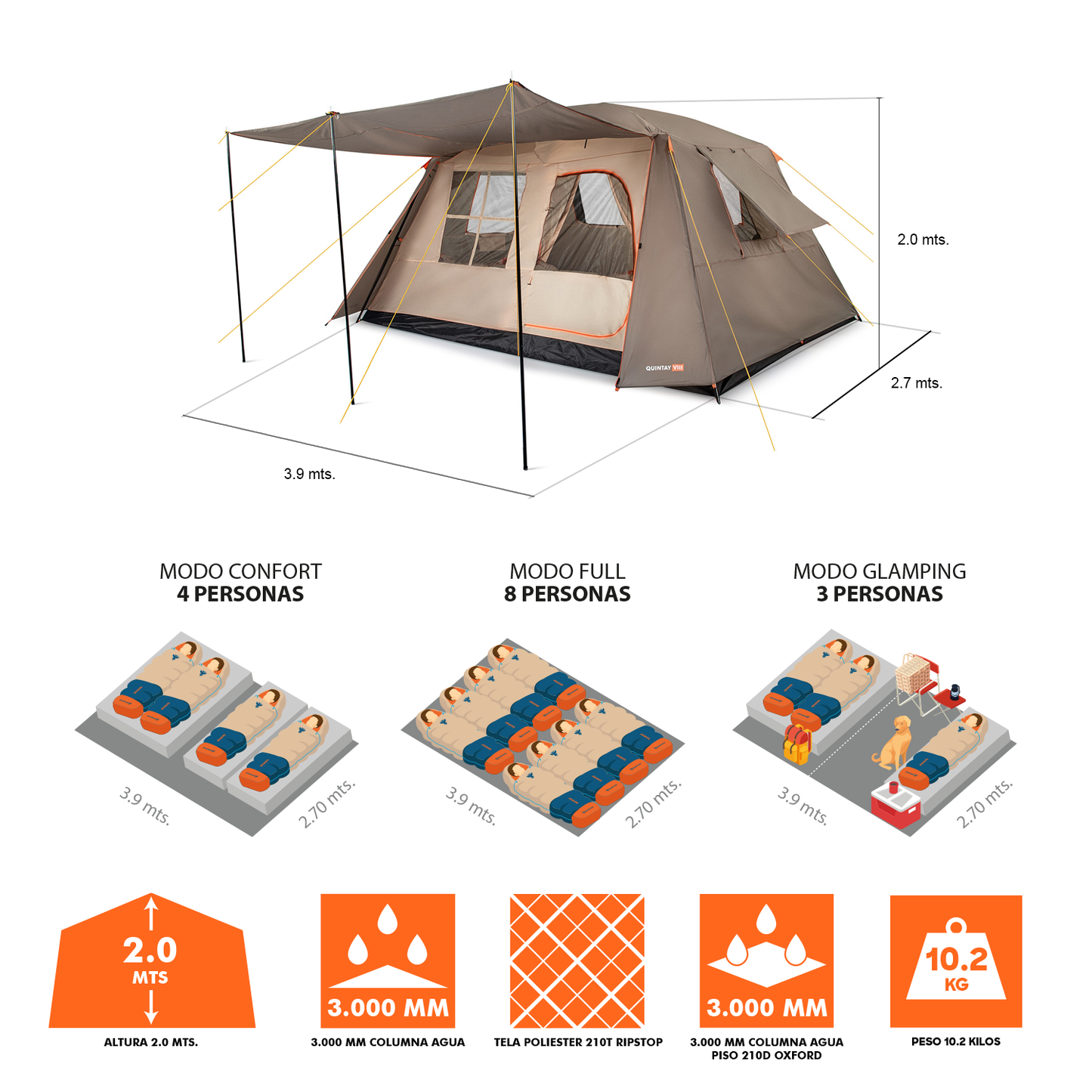 Carpa Quintay VIII 8 Personas 3000 Mm Cubre Techo Largo Toldo Extendido