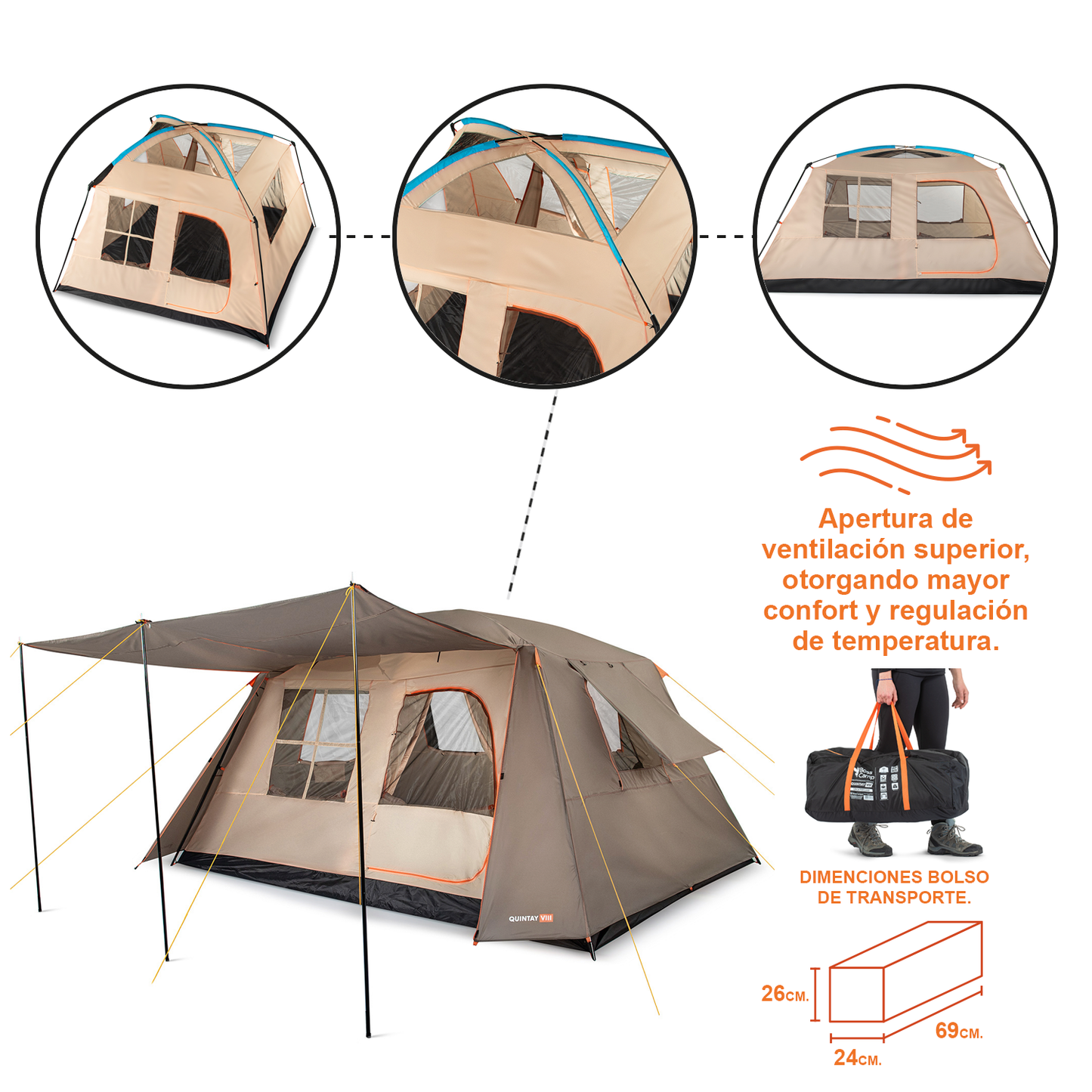 Carpa Quintay VIII 8 Personas 3000 Mm Cubre Techo Largo Toldo Extendido