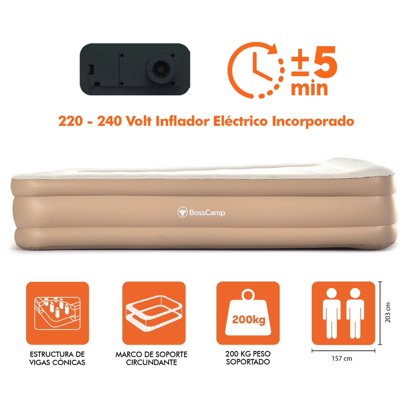 Colchón Cama Inflable Eléctrico Queen BossCamp 2 plazas