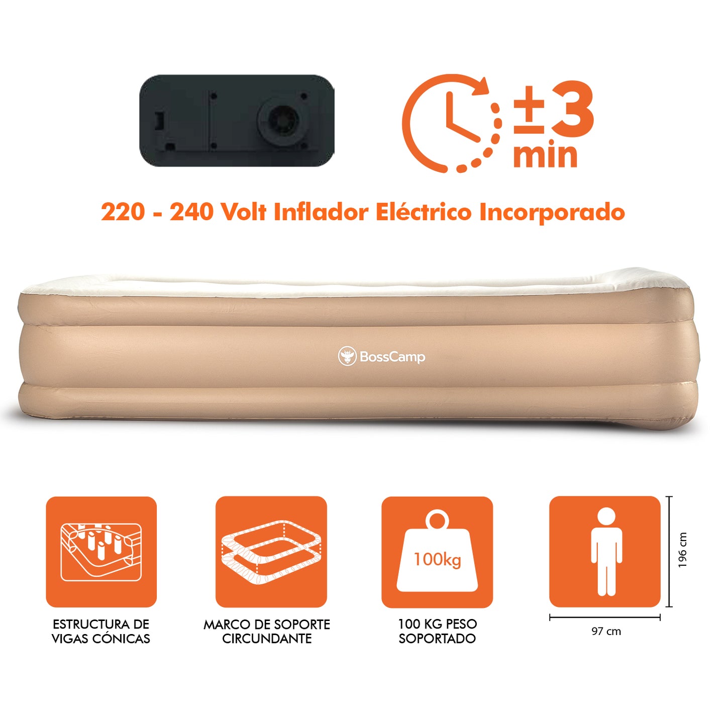 Colchón Cama Inflable Eléctrico Twin individual BossCamp