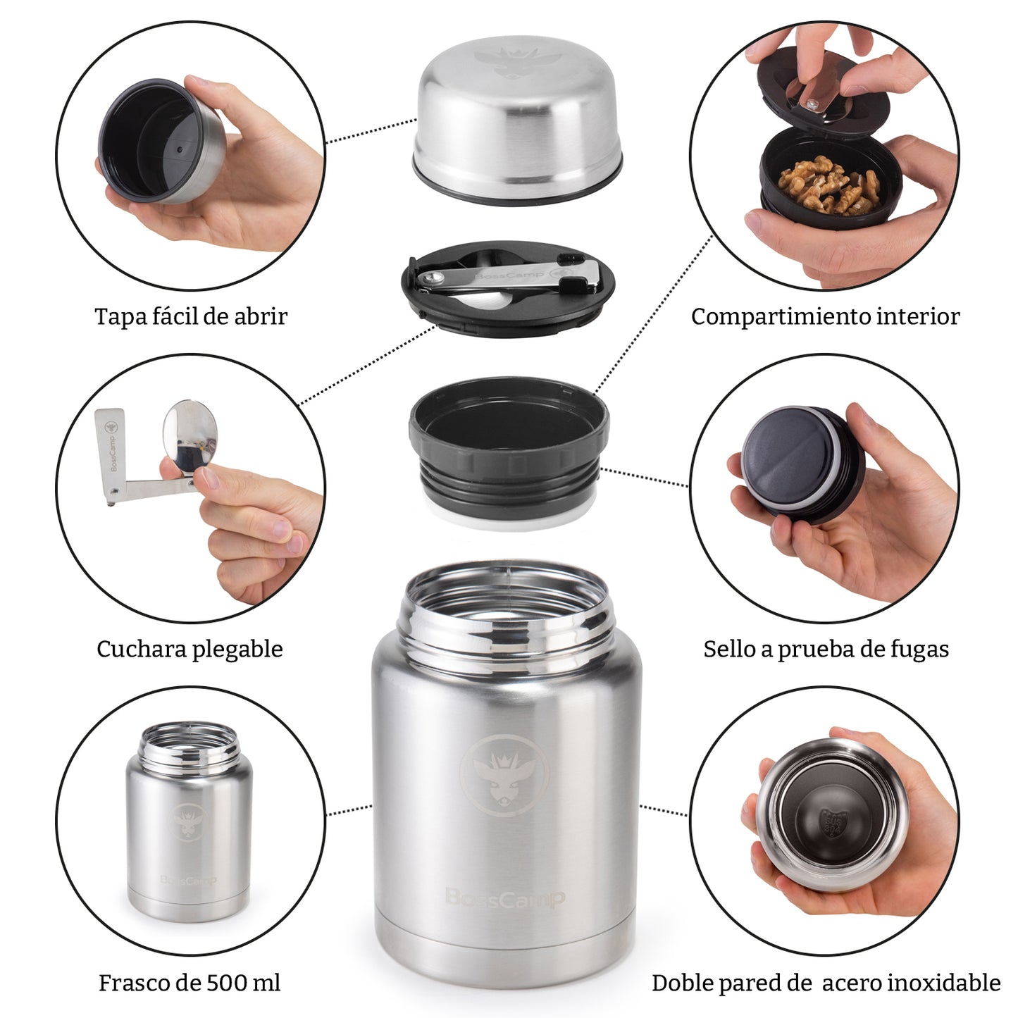 Termo Comida BossCamp 500 ml Negro Acero Inox Bolso Cuchara