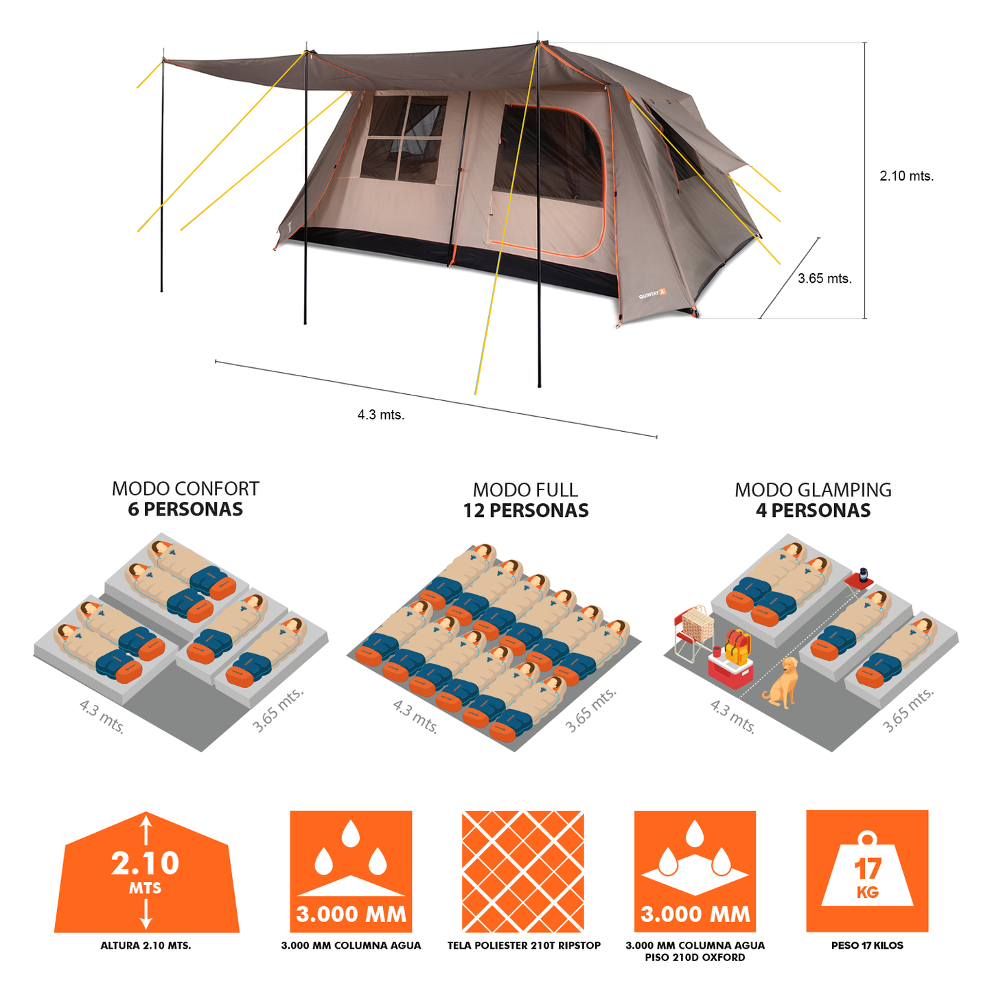 Carpa Quintay XII 12 Personas 3000 Mm Cubre Techo Largo Toldo Extendido