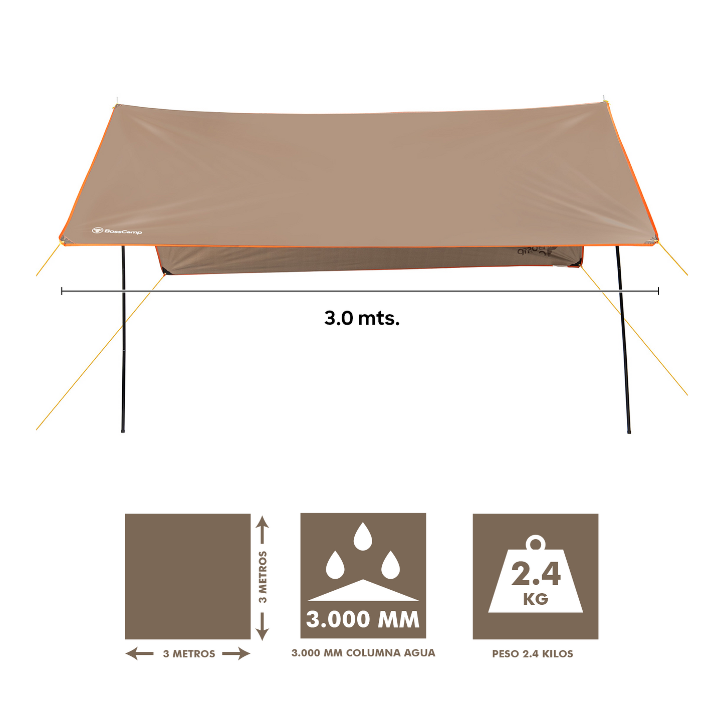 Rain Cover 3 x 3 mts. Quintay BossCamp, Toldo Carpa Camping 3000 mm