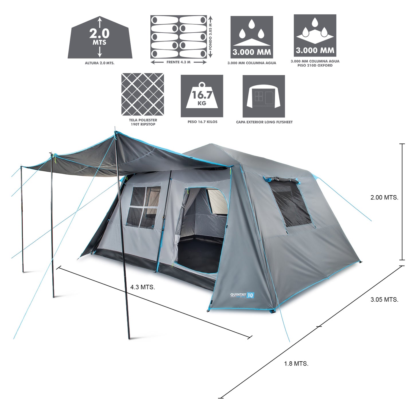 Carpa Camping Quintay 10 Personas Instant Black & Fresh 3000 Mm Cubre Techo Largo