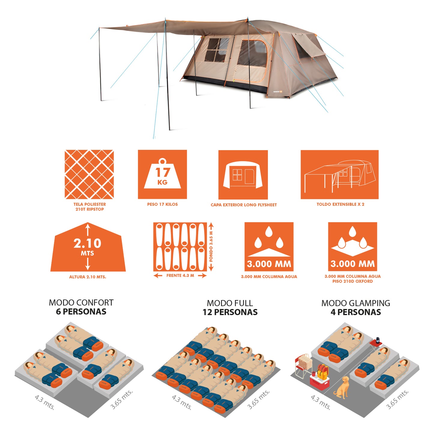 Carpa Camping Quintay 12 Personas 3000 Mm Cubre Techo Largo Toldo Extendido