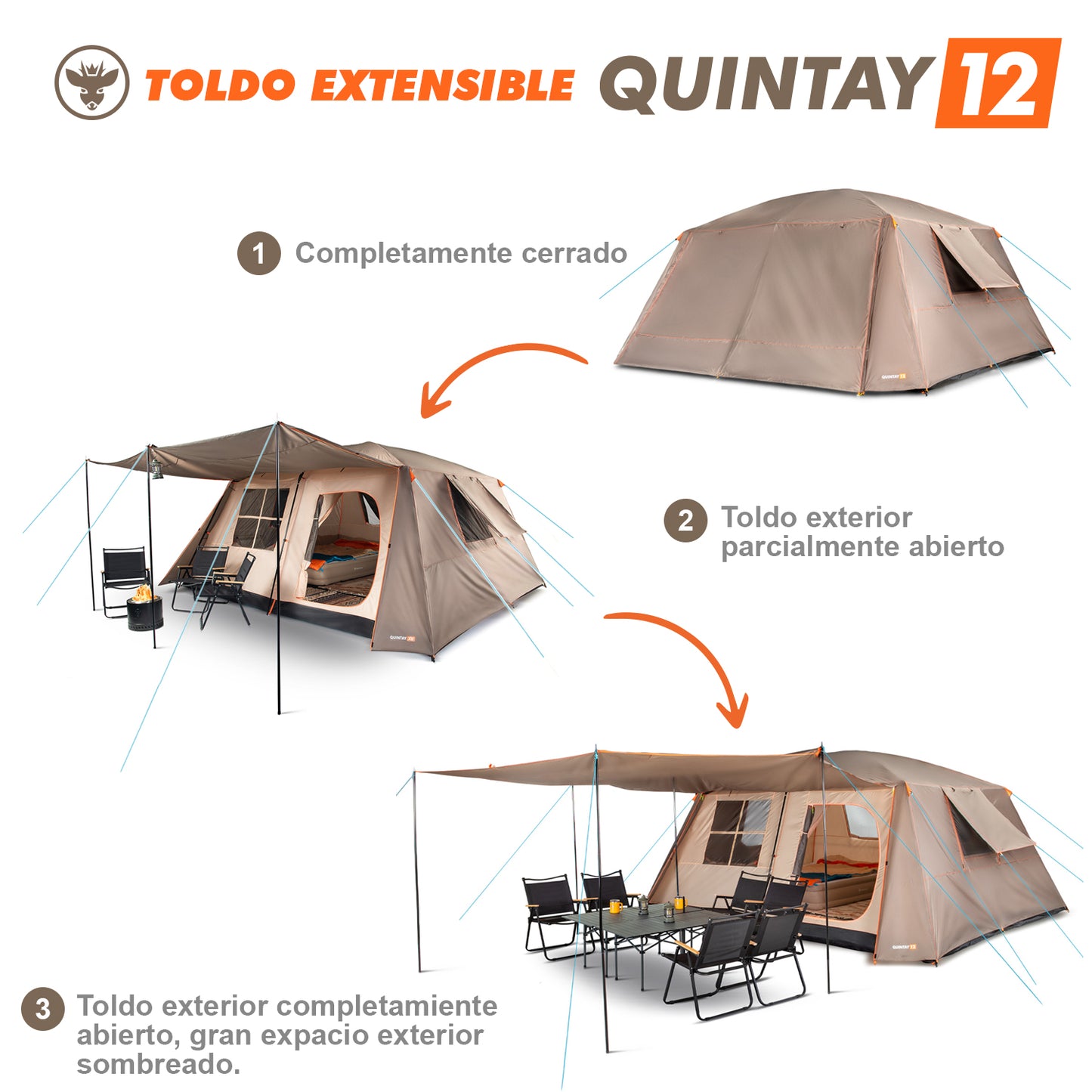 Carpa Camping Quintay 12 Personas 3000 Mm Cubre Techo Largo Toldo Extendido
