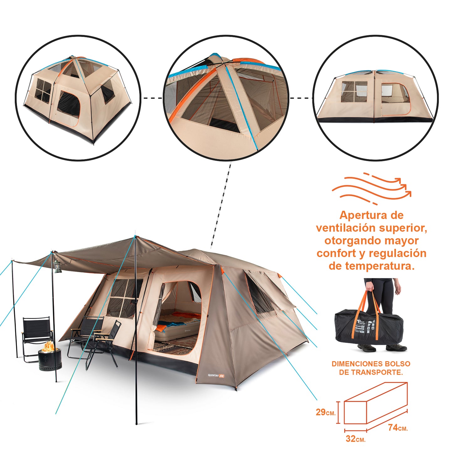 Carpa Camping Quintay 12 Personas 3000 Mm Cubre Techo Largo Toldo Extendido