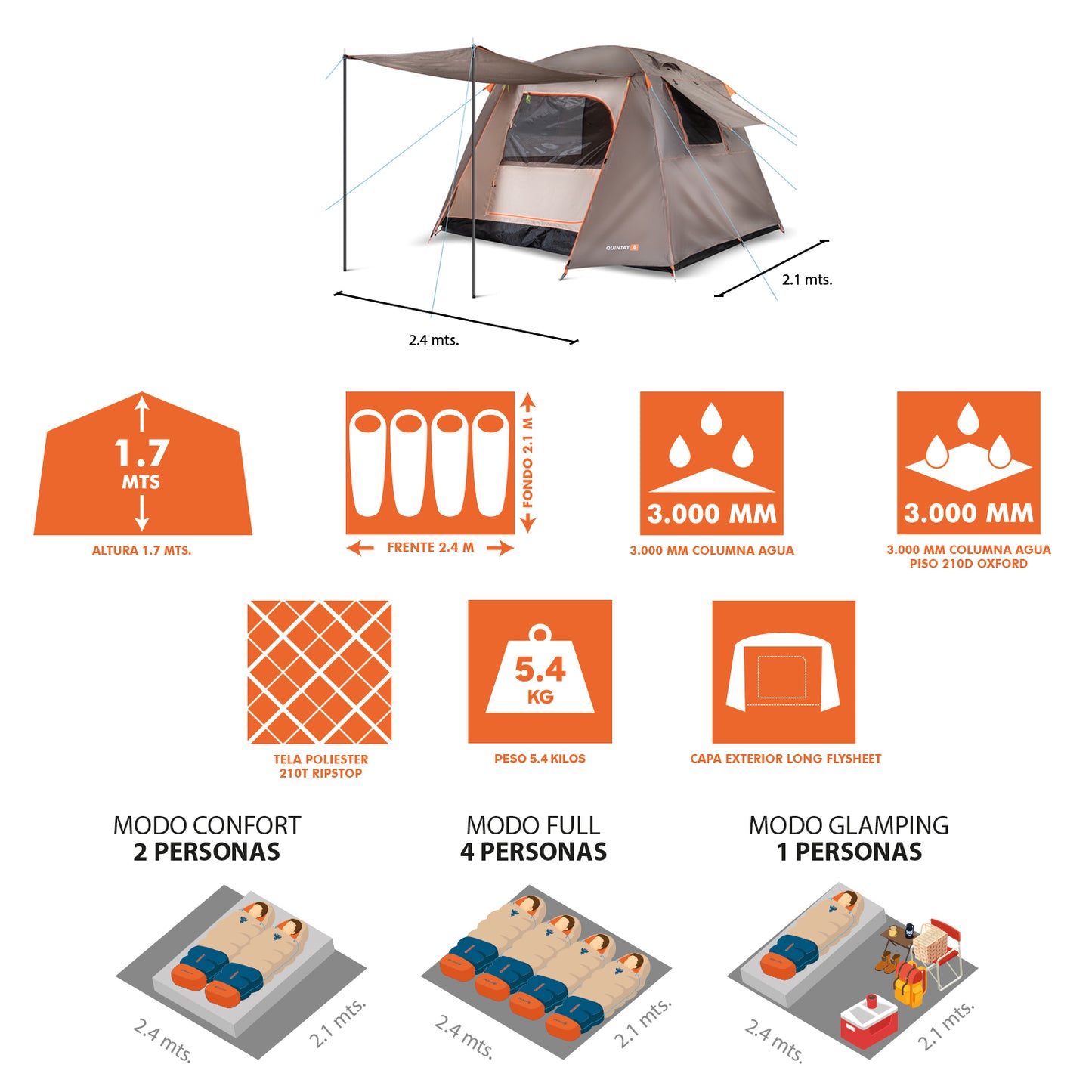Carpa Camping Quintay 4 Personas 3000 Mm Cubre Techo Largo