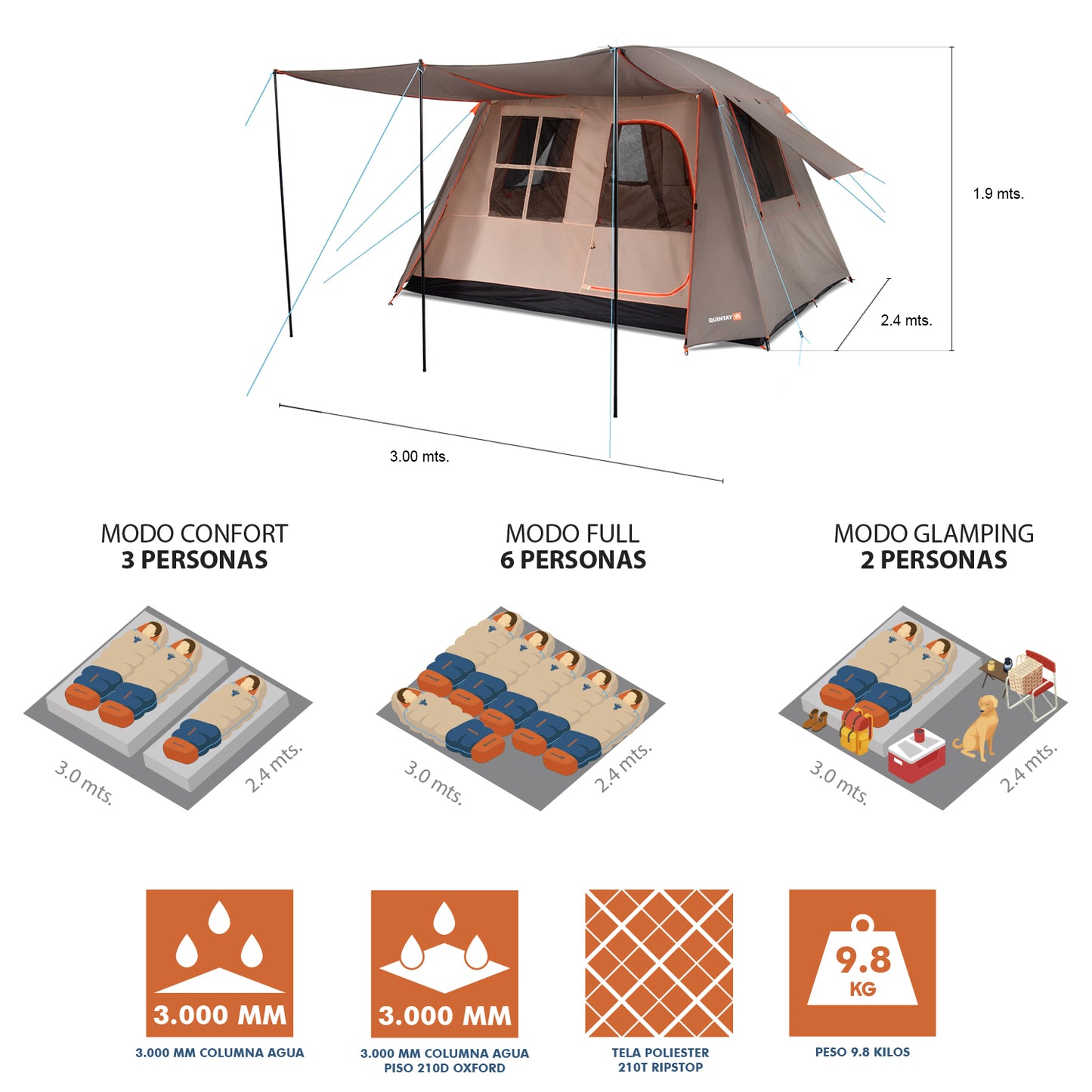 Carpa Camping Quintay 6 Personas 3000 Mm Cubre Techo Largo Toldo Extendido