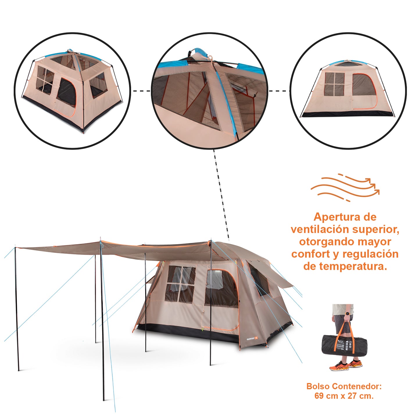 Carpa Camping Quintay 6 Personas 3000 Mm Cubre Techo Largo Toldo Extendido