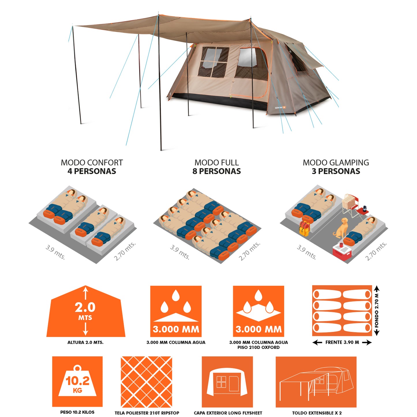 Carpa Quintay 8 Personas 3000 Mm Cubre Techo Largo Toldo Extendido