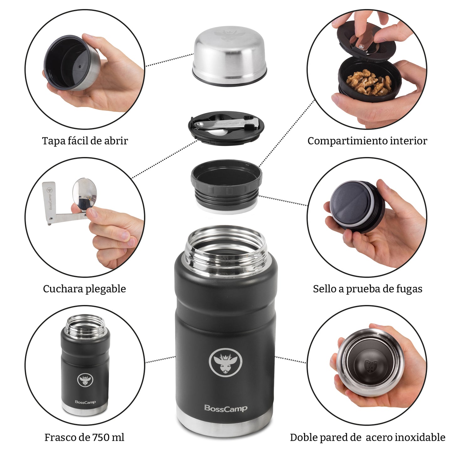 Termo Comida BossCamp 750 ml Negro Acero Inox Bolso Cuchara
